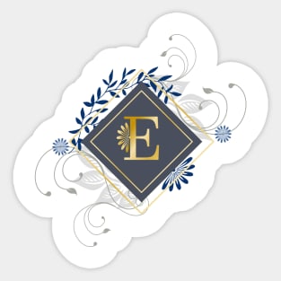 E, blue and gold initial monogram. Sticker